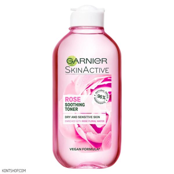 تونر تسکین دهنده گارنیر حاوی عصاره گل رز مناسب پوست خشک و حساس 200 میل