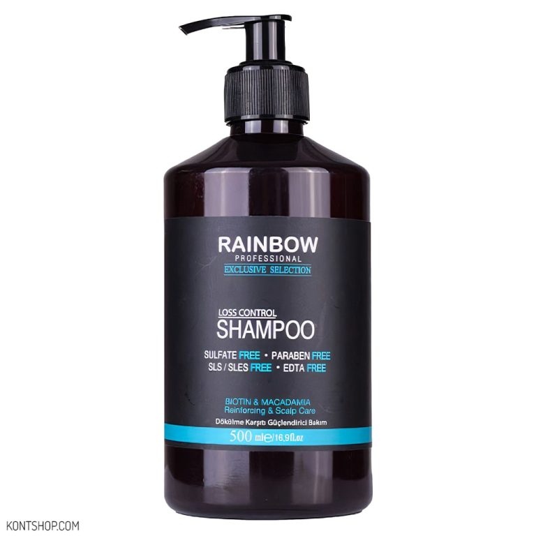 شامپو رینبو حاوی بیوتین و ماکادمیا مناسب موهای آسیب دیده